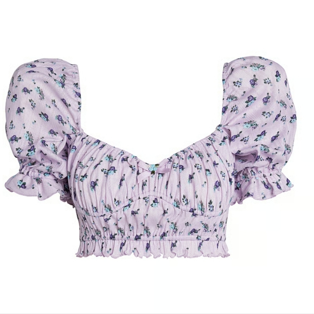 For Love & Lemons Lola Pointelle Crop Top Floral Puff Sleeve Size Medium
